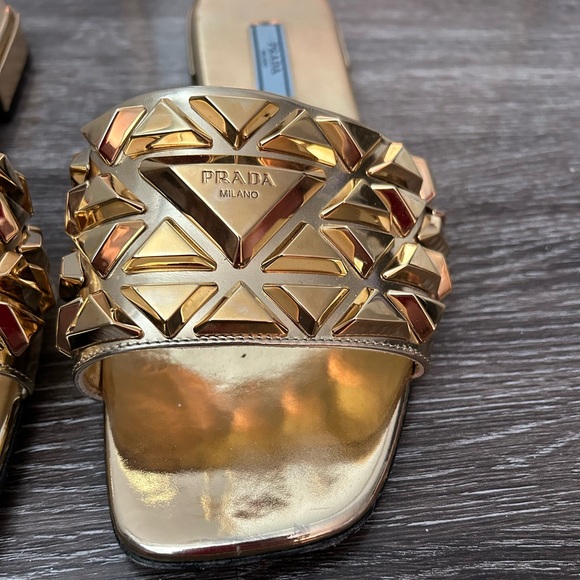Prada Studded Gold Metallic Leather Slide Sandal. - Picture 8 of 11